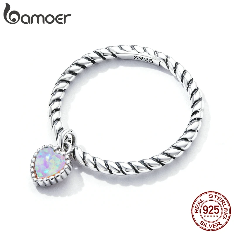 Bamoer Opal Heart Women Ring 925 Sterling Silver Vintage Simple Twist Ring Size 6 7 8 Eternity Band Fine Jewelry Wedding Gift