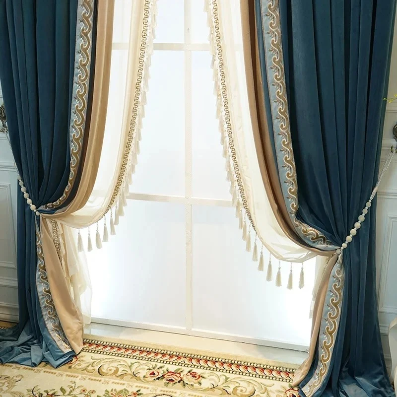 European Leaves Green Velvet Luxury Blackout Curtains For Living Room Bedroom Dining Hall Retro Decor Custom Size White Tulle