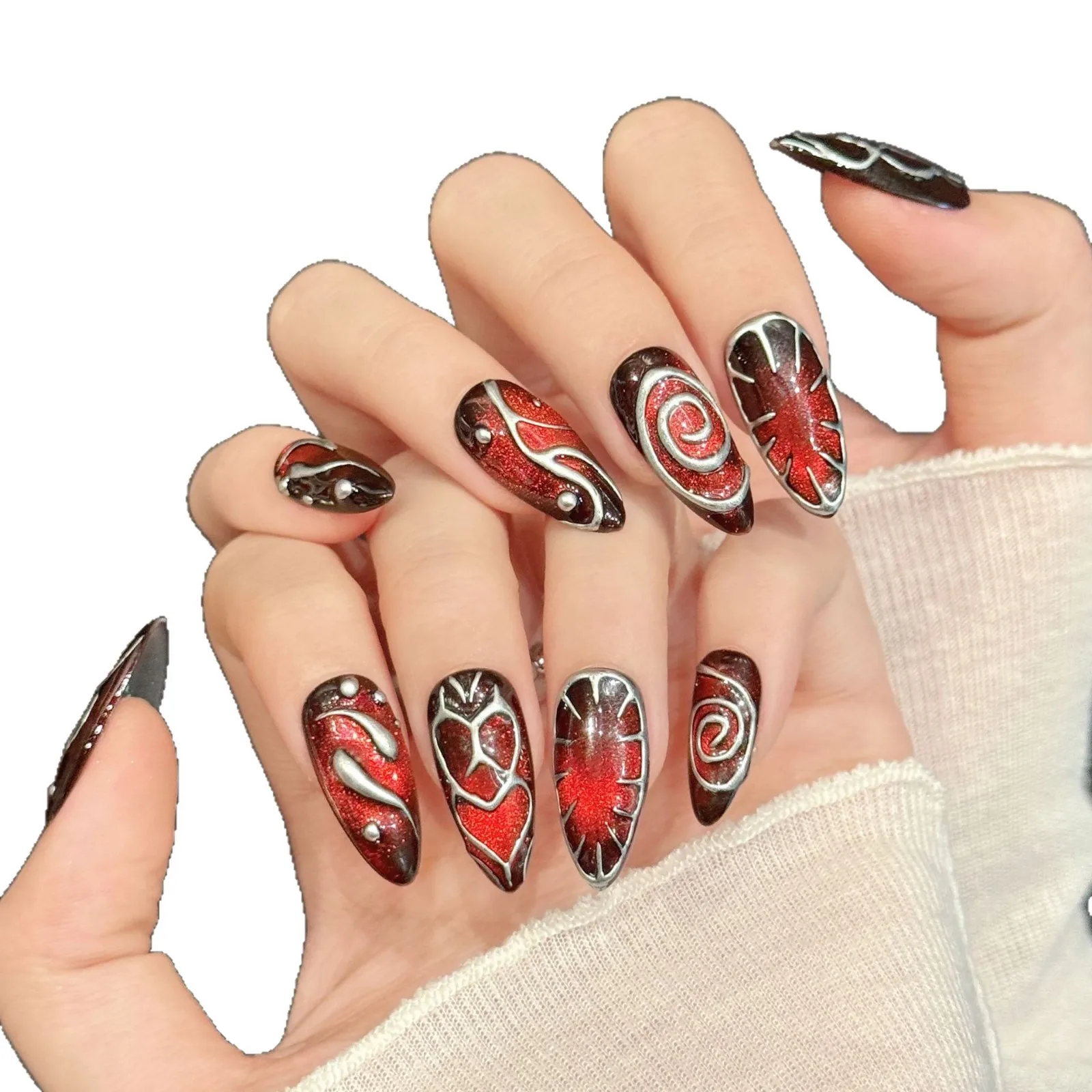 10 قطعة مسامير اللوز الأحمر البني الداكن نمط ثلاثية الأبعاد الحب الملمس العصرية اليدوية اضغط على الأظافر مع 4 قطعة أداة لاصق الغراء علامات التبويب