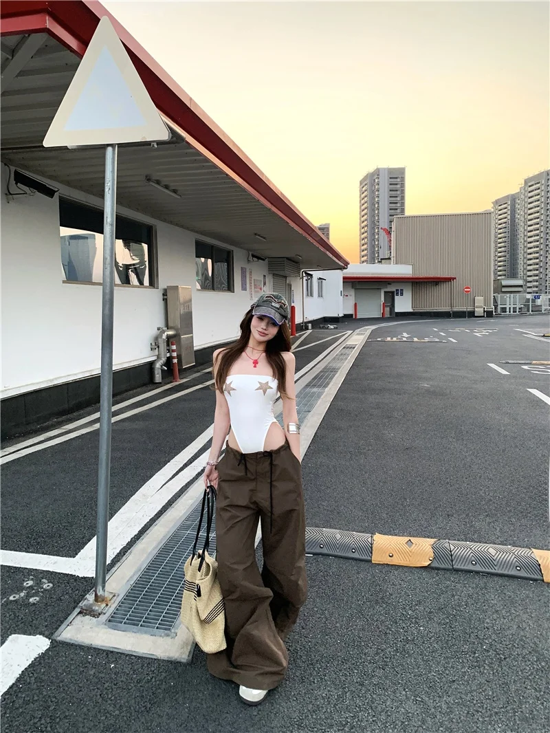 

Stars And Leopard Print Onesie for Trendy Girls Loose Paratrooper Pants Wide Leg Casual Workwear Trousers Spring Faion Set