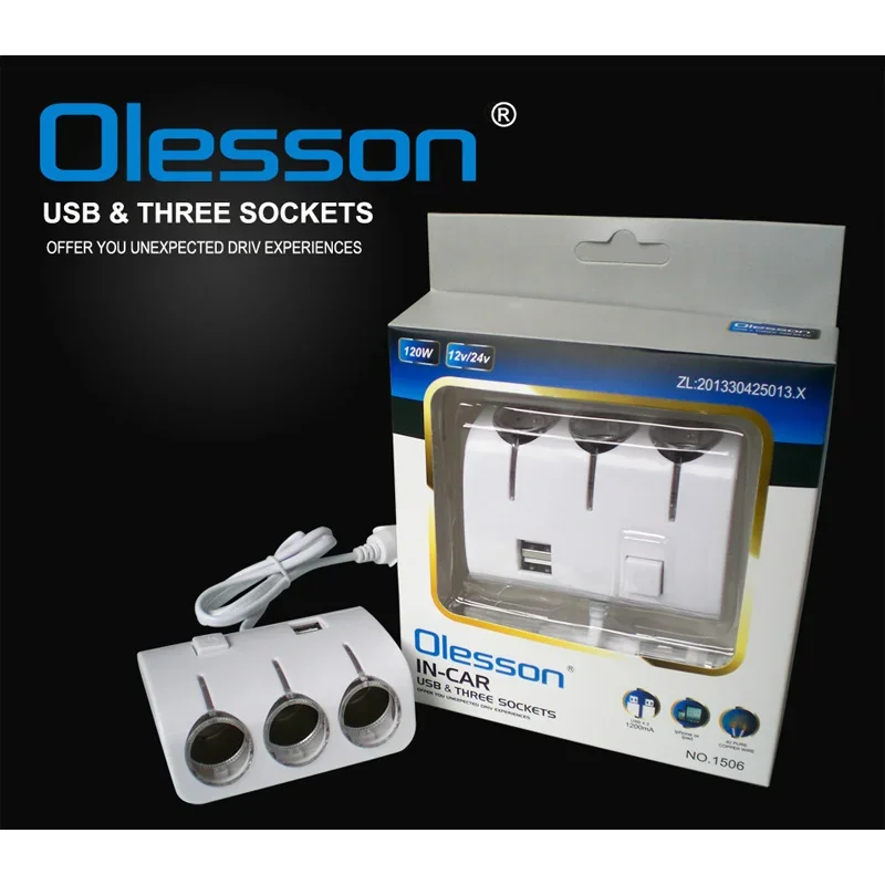 12V/24V Multifunctional Car Single Point Three-point Cigarette Lighter One To Three withUSB Power ConverterCar Charger SubSocket