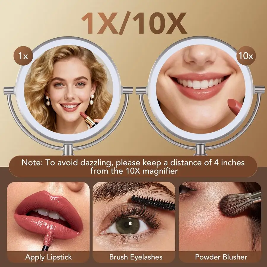 Vanity Mirror with Lights,360 Magnifying mirror with Light 10X,3 Light Settings Magnifying Mirror,Rechargeable Makeup Mirror,Dim