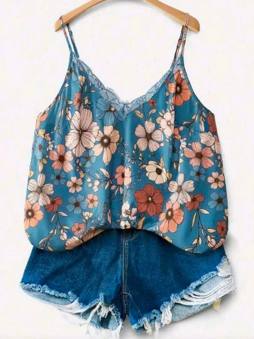 plus Size Women's V-Neck Lace Trim Blouse Slimming Floral Print Casual Wear Polyester Fabric Summer 2026 Trendy Top