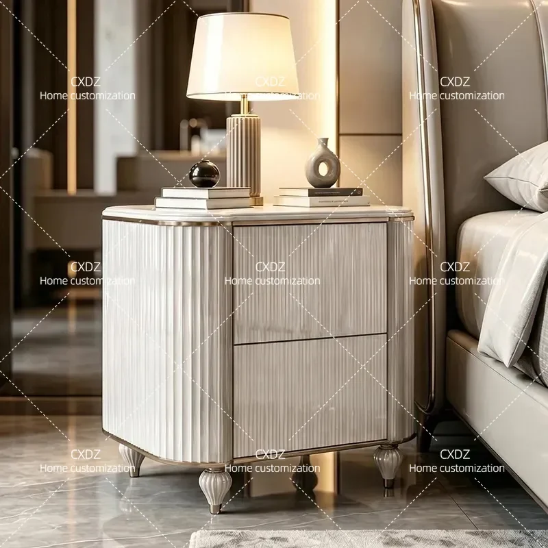 Light Luxury Marble Drawer Cabinet Bedroom Bedside Storage Modern Living Room High End Solid Wood Edge Nightstand