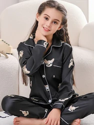 Two piece sets for boys and girls children's pajamas autumn and winter long sleeved pants silk home clothes sleepwear satin set