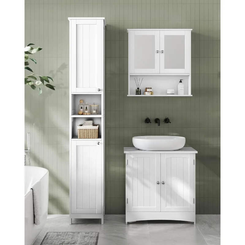 Tall Bathroom Cabinet with Lights, Slim Bathroom Storage Cabinet, Freestanding Narrow Cabinet with Adjustable Shelves