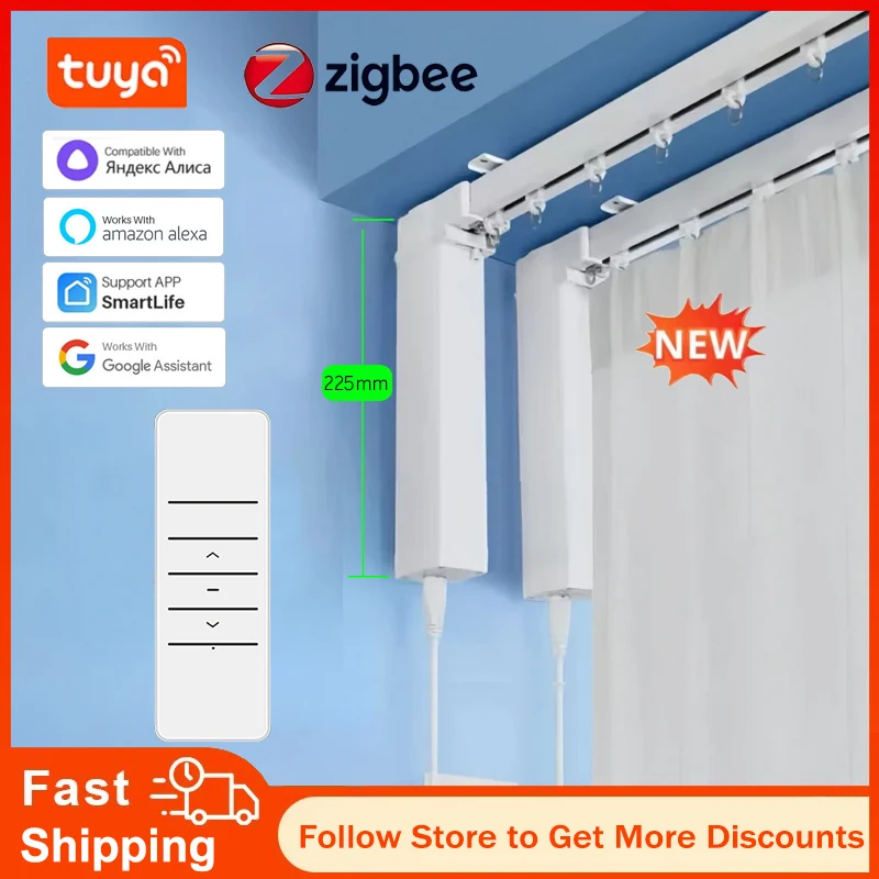 Electric Motorized Curtain Track Cornice Rod Rail Tuya Smart Curtain Motor Zigbee Remote Control Yandex Alice Alexa Google Home