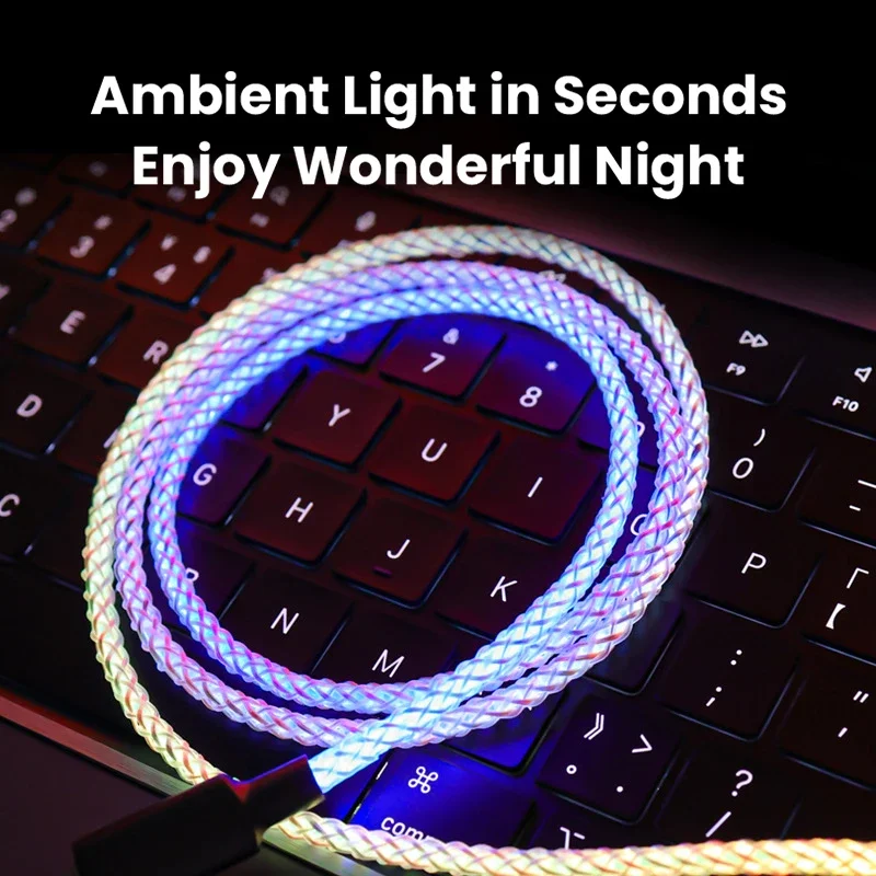 Fast Charging RGB Cable 100W Breathing Light 66W Type C USB C Data Cable For Samsung Huawei Macbook 30W Quick Charge For Xiaomi
