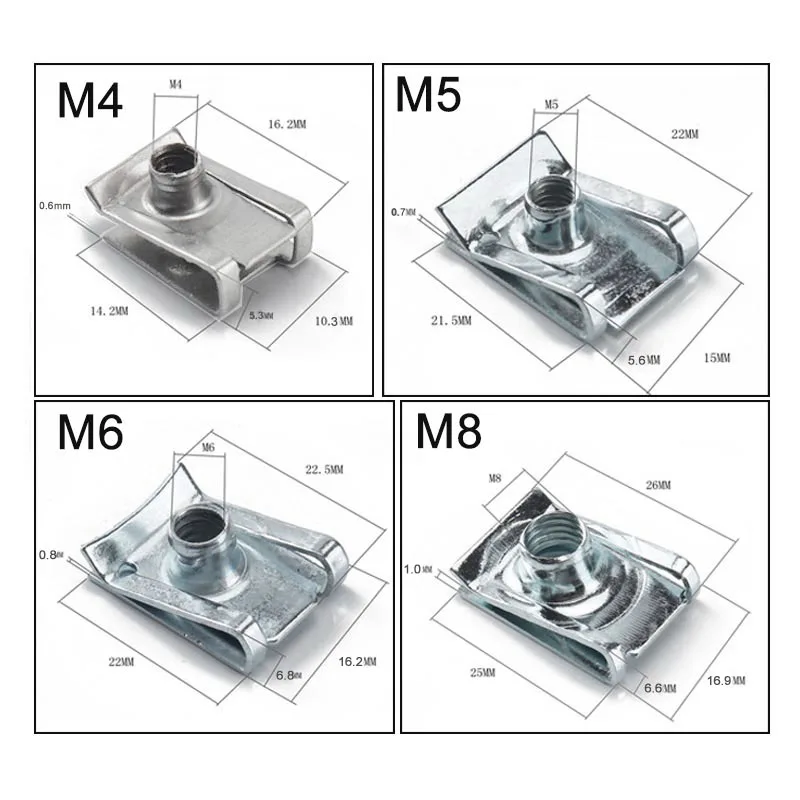 10pcs M4/M5/M6/M8 Car Spring Steel U Type Clips with Thread 8mm 5mm 6mm 4mm Reed Nuts for Auto Motorcycle Scooter ATV Moped
