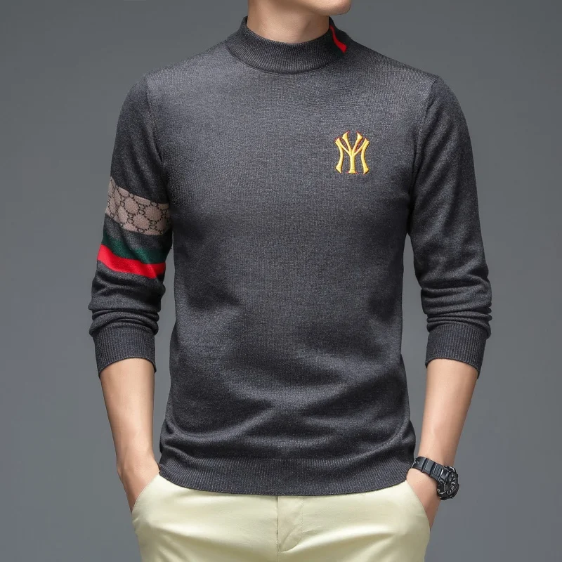 الخريف الشتاء الرجال الفاخرة المطرزة نصف عالية الياقة سترة مصمم العلامة التجارية موضة عادية أسفل سميكة الرجال محبوك سترة #3