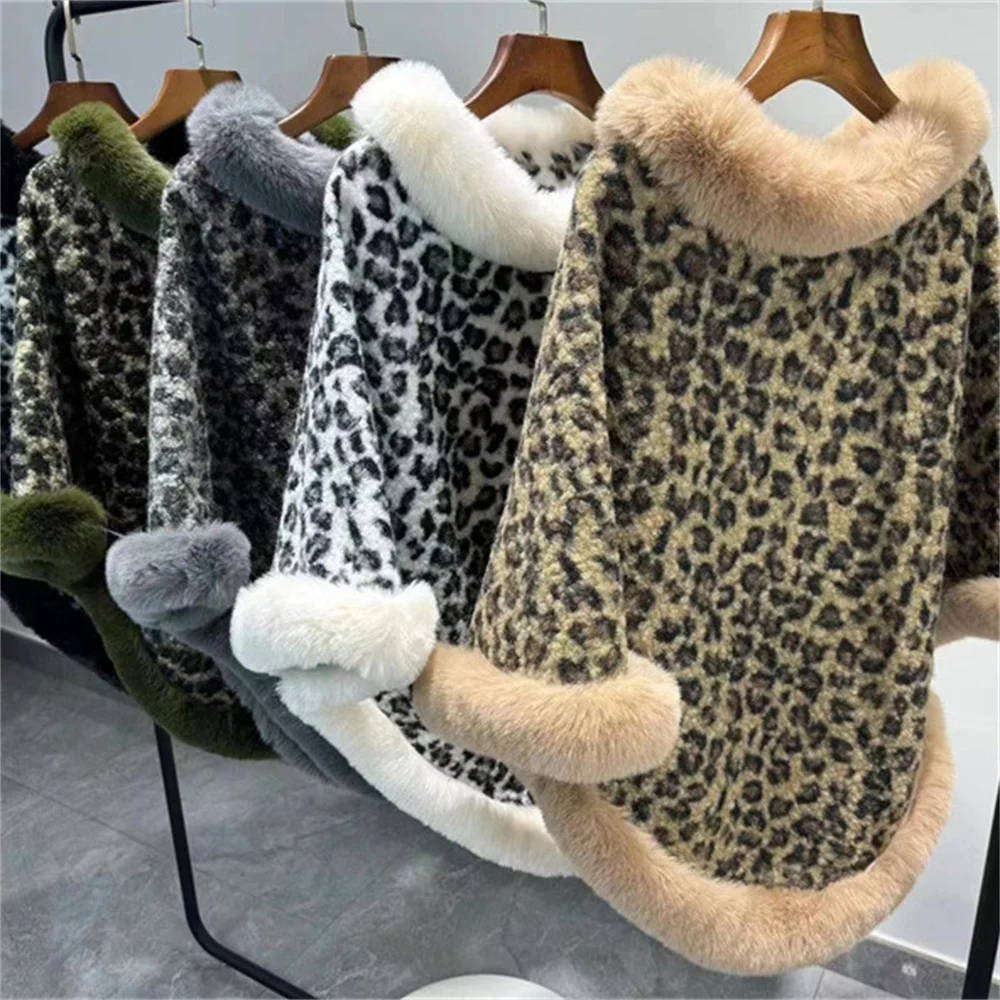 

2024 Women Granular Velvet Batwing Sleeve Pullover Faux Fur O Neck Loose Cape Leopard Streetwear Winter Thick Warm Shawl Coat