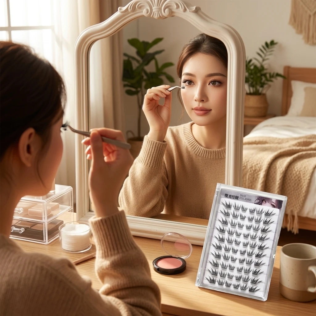 Mixed Length False Eyelashes Synthetic Fiber for Dating Makeup Natural C Curl Self-Adhesive Glue Free Lightweight Lashes