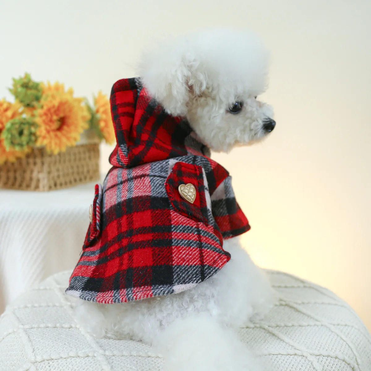 Pet Christmas Plaid Hooded Coat Cat Clothing Autumn and Winter Warm Red Plaid Windbreaker Dog Clothes for Small Dogs Puppy