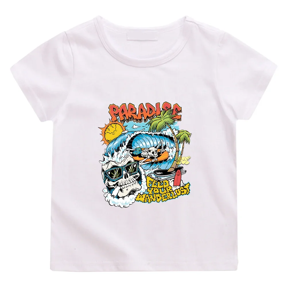 Camiseta de verano de esqueleto de paraíso para niños y niñas, camisa informal de manga corta, 100% algodón, estampado gráfico de dibujos animados Kawaii