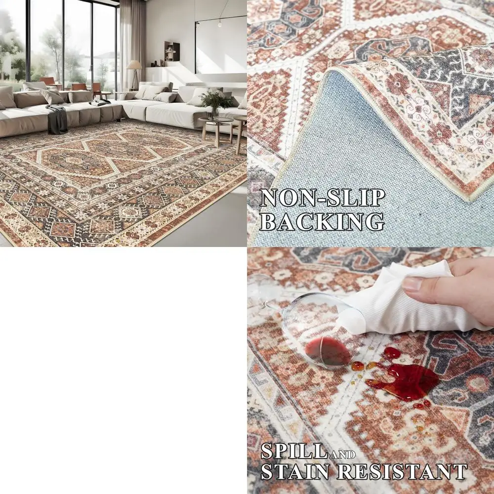 

Large 9x12 Soft Vintage Washable Area Rug, Water-Resistant, Non-Slip Backing, Distressed Style for Living Room and Kitchen