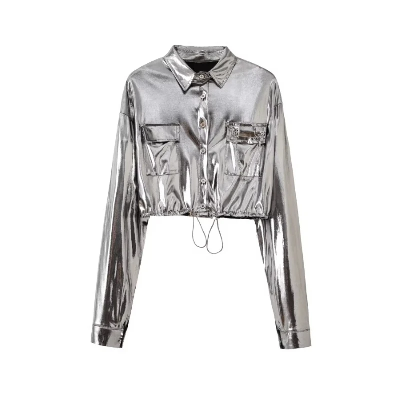 

Premium Sa Cool Bright Silver Metallic Shirt Drawstring Waist Skinny Short Jacket