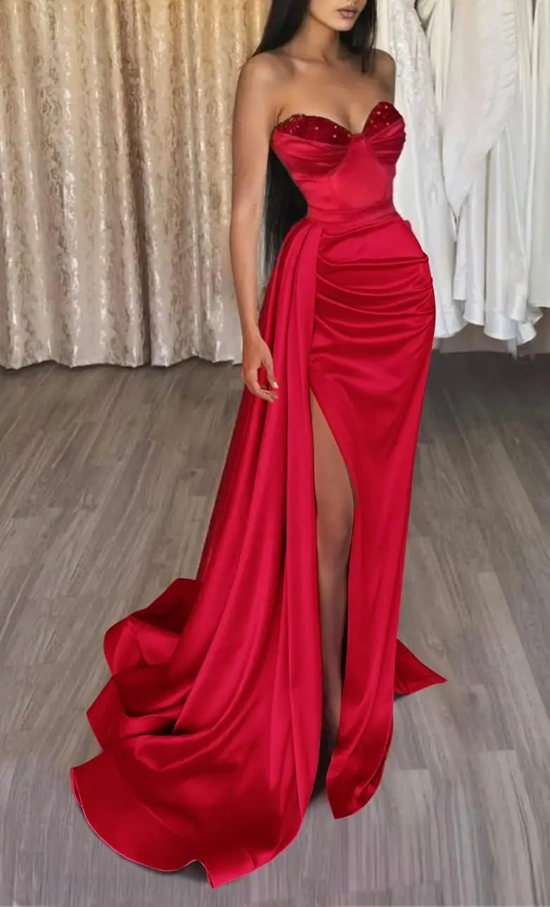 

Sweetheart Prom Dresses for Women Strapless Mermaid Party Dress Long Slit Satin Formal Dress with Train