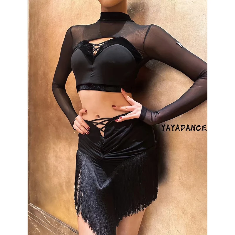Ropa de baile latino Sexy para mujer, blusa negra de malla, falda con borlas, ropa de competición de baile latino para adultos, Ropa de práctica de baile DNV19585