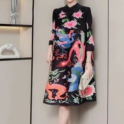 New Chinese style women's clothing with a high-end feel printing, and ethnic  Autumn new loose and slimming pleated dress