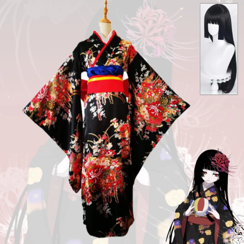 

Jigoku Shoujo Enma Ai Furisode Costume Black Layered Kimono Red Floral Embroidery Extra Long Sleeves Flowing Obi Set For Women