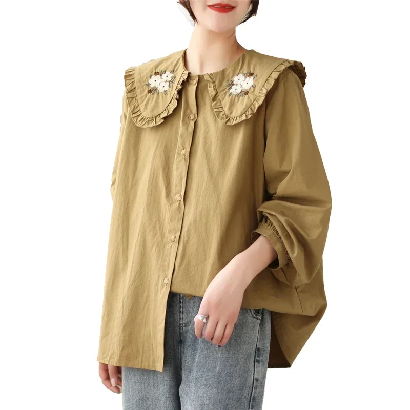 2023 New Spring Fashion Sweet Style Embroidery Floral Shirts For Women Lantern Sleeved Doll Neck Loose Vintage Blouse Female Top