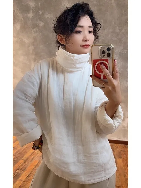 

High-End Linen Crew Ne irt Women Autumn Vintage Casual Large Size Long Sve Hooded Base Cotton Linen Color Top