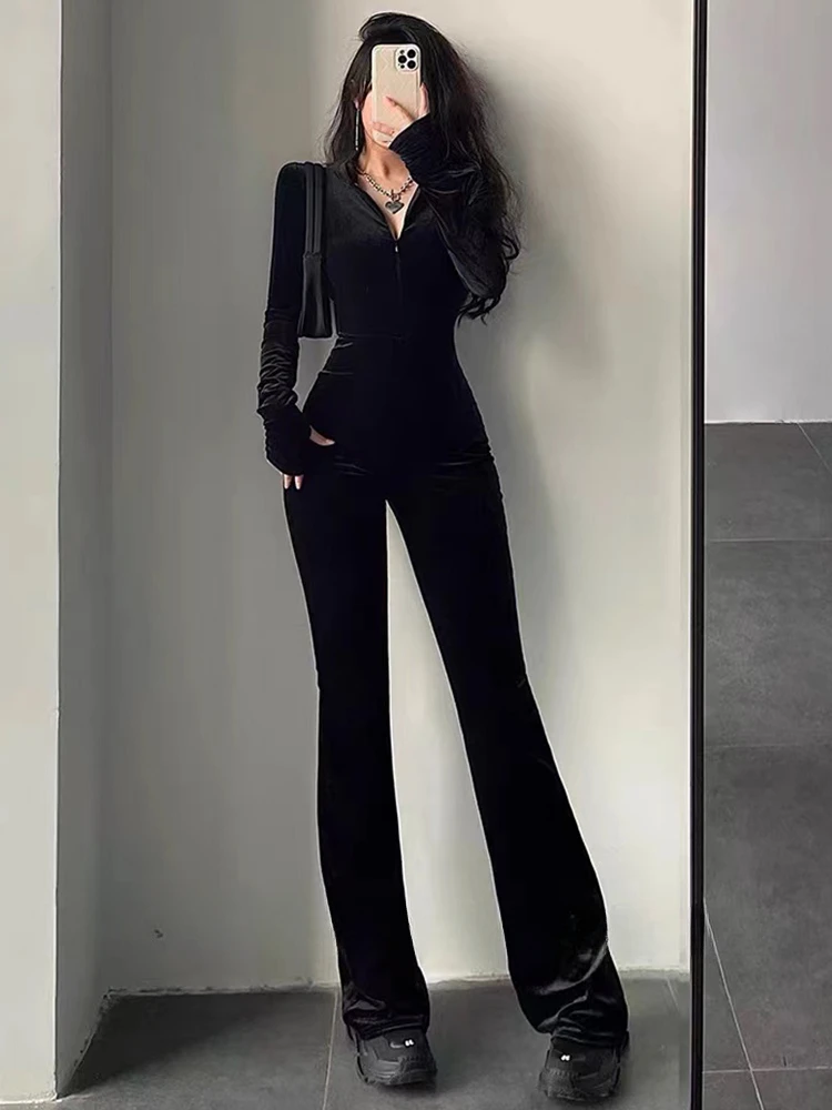 Black Rompers Women Flare Pants Autumn Winter Clothes Slim Zipper Overall Fashion Streetwear Long Sleeve Velvet Hooded Jumpsuits