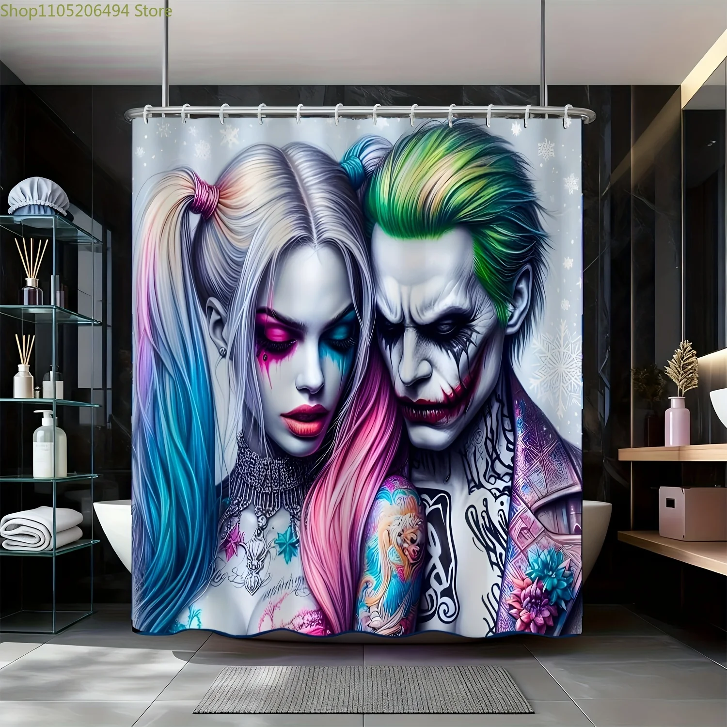 

1 шт. занавеска для душа Warner Bros. с изображением Джокера и Квинн - официально лицензированный декор для ванной комнаты с изображением Джокера, из полиэстера, пригоден для машинной стирки.
