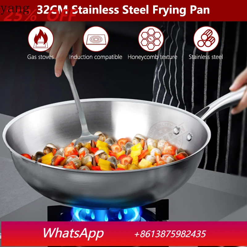 

32cm Stainless Steel Frying Pan 3 Ply Professional Grade Steel Skillet Kitchen Fry Pan Cooking Wok Dishwasher Safe Silver