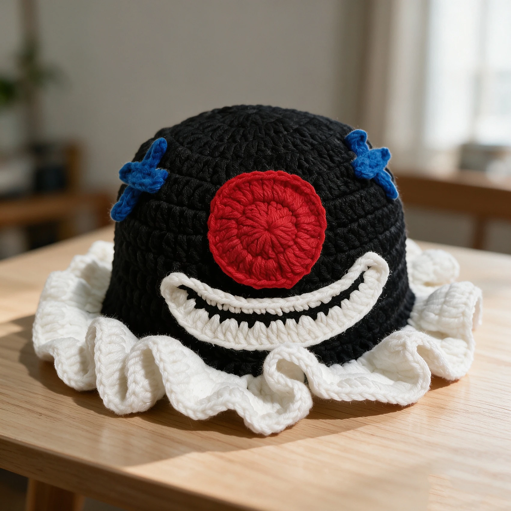 Women Halloween Monster Face Crochet Bucket Hat Ruffled Brim Handmade Knitted Clown Cap Spooky Wacky Winter Cosplay Hat