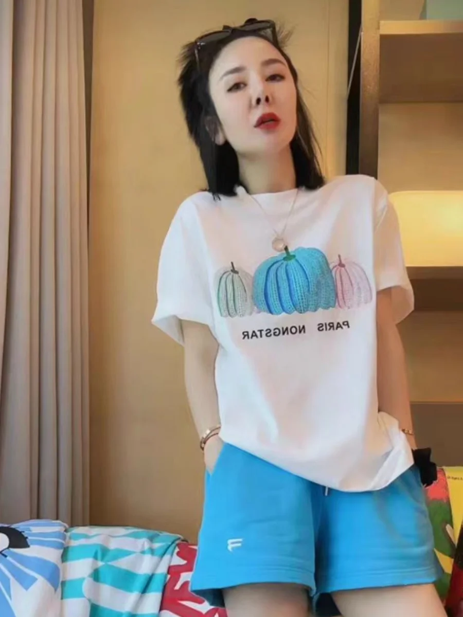 

Fashionable Casual Sportswear Set for Women Summer Loose Anti-aging Pumpkin Print Short Sleeve T-shirt Long Pants Two-piece Set