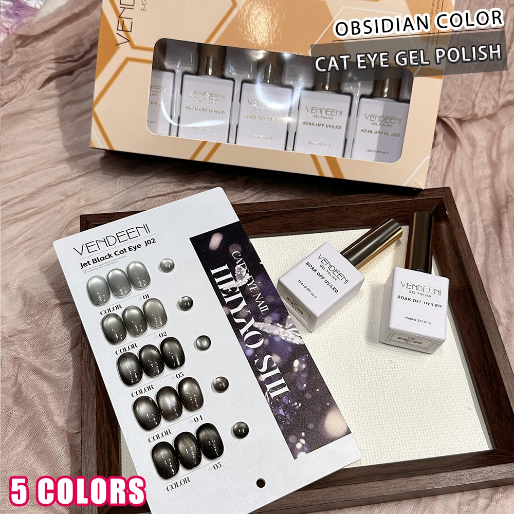 Vendeeni 5 Farben/Set Schwarzer Kristall-Katzenaugen-Gel-Nagellack Magnetischer UV-Soak-Off-Gel-Lack Obsidian-Katzenaugen-Gel mit Display – Detail 7