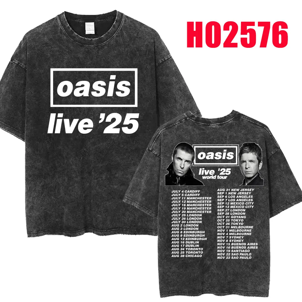 Rock Band O-Oasis Live 25 Tour 2025 Washed T Shirt Men\'s Hip Hop Vintage T-Shirt Oversized Cotton T Shirts Fans Gifts Streetwear