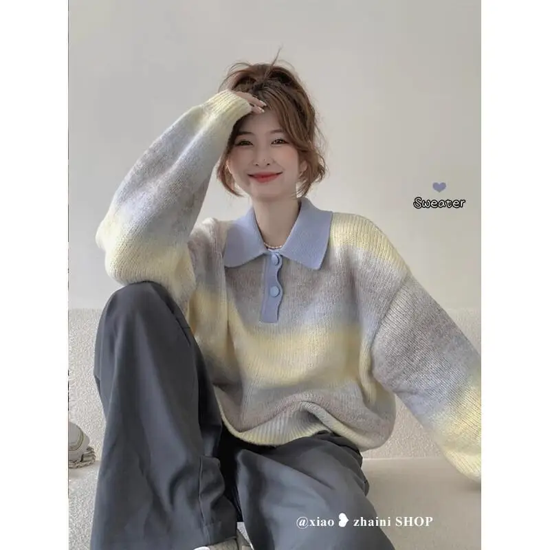

Autumn and winter warm, soft and waxy gradient color lapel fashionable loose lazy style pullover knitted sweater for women