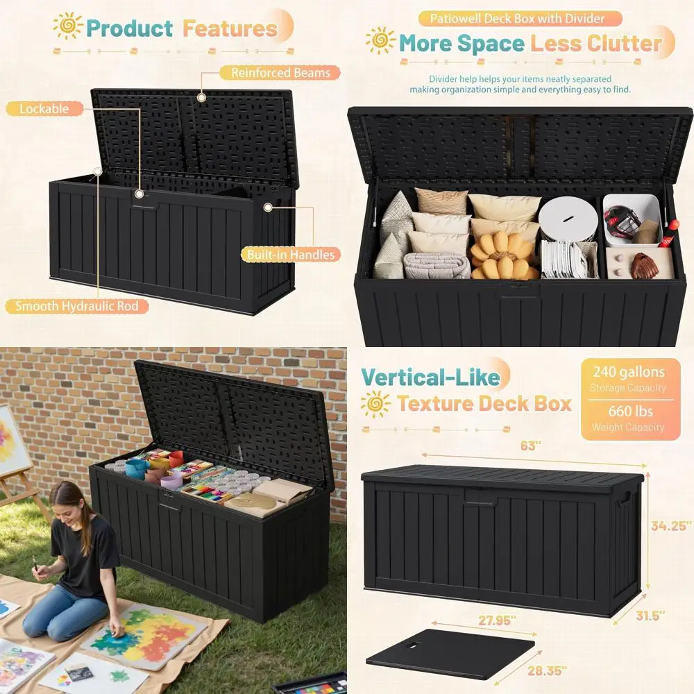 

Большой уличный ящик для хранения, водонепроницаемый, с разделителями, запираемый, прочный, для садовой мебели и инструментов (черный)