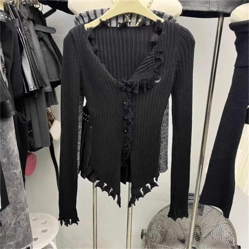 Women Y2K Frayed Tassels Trim Knitted Cardigan Long Sleeve Lapel V-Neck Button Up Casual Aesthetic Sweater Crop Top N7YE