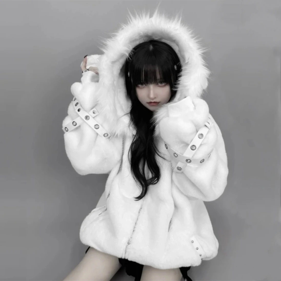 Subculture Harajuku Sweet Cool Faux Fur Coat Girls Women's Autumn and Winter Japanese Punk Y2k Ears Cute Plush Coat Jackets