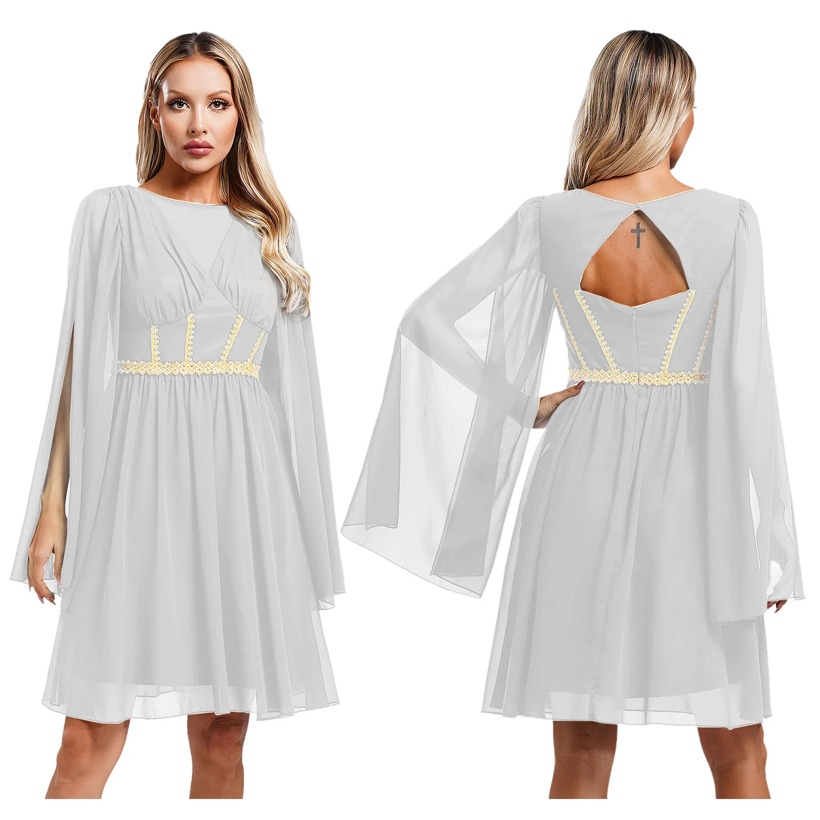 Women Halloween Greek Beauty Dress V Neck Split Sleeve Built-in Pad Gold Lace Trim Chiffon Dress for Dress-up Party