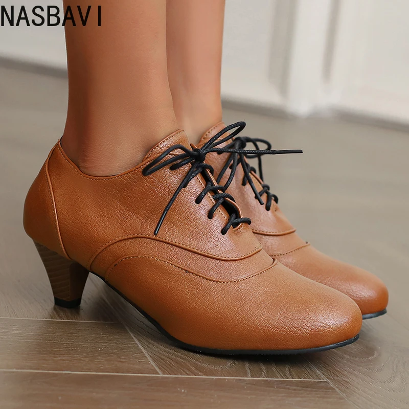 

NASBAVI Pumps Spring and Autumn New Vintage Style Oxford Fashion Cross Lace Up High Heels Single Shoes Round Head Lefu Shoes