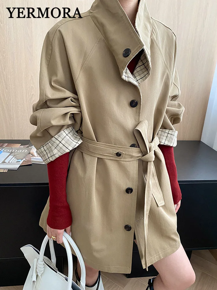 

YERMORA цвета хаки, повседневный короткий плащ с поясом на пуговицах для женщин, свободная новая ветровка с лацканами и длинными рукавами, модная весна-осень 2025