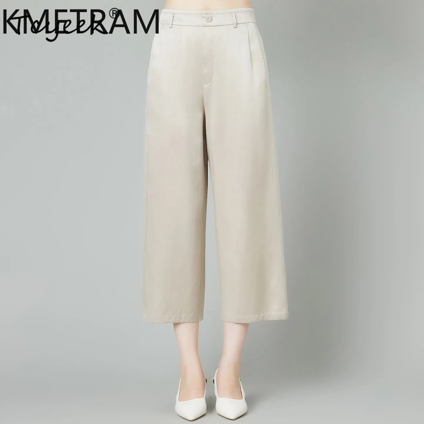 KMETRAM 86.3% Real Mulberry Silk Trousers Women 2026 Summer Elastic Waist Straight-leg Pants Woman Clothing Pantalon Pour Femme