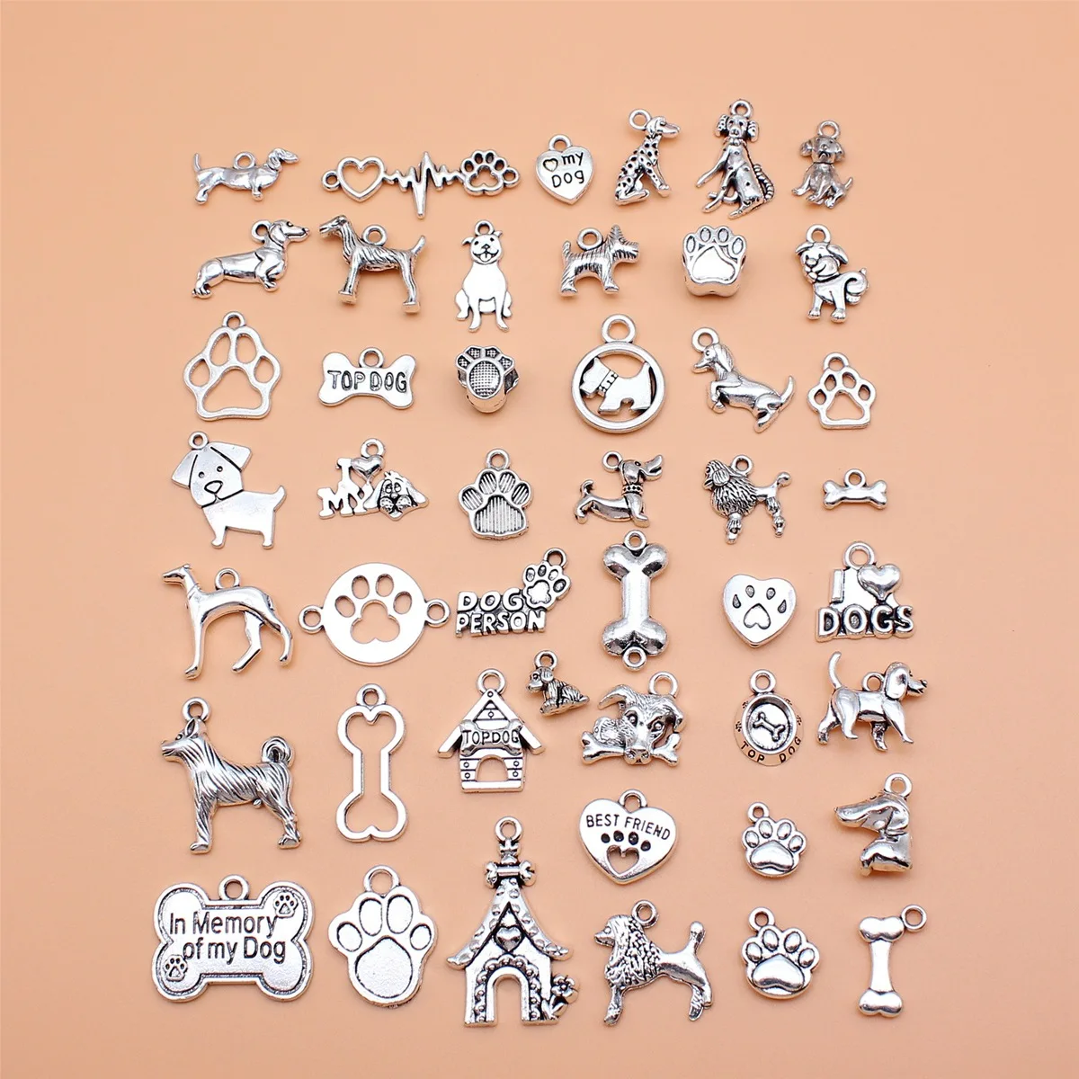 46pcs Antique Silver Color Dog Bone Paw Charms Collection For DIY Jewelry Making, 46 Styles, 1 of Each