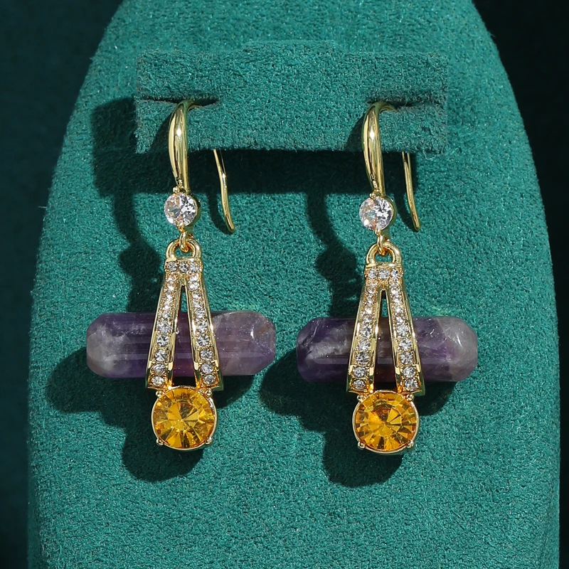 

Vintage Drop Dangle Earrings Nature Purple Stone Yellow Crystal Pendant Gold Color Hook Jewelry Accessories For Women New 2026