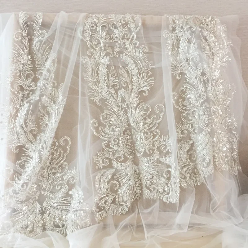 

Embroidered Lace Fabric for Wedding Dress, 3D Beaded Embroidery, Large Flower Applique, Patch Accessories background decoration