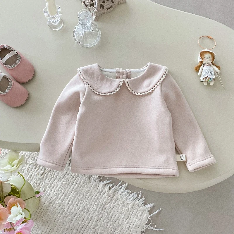 

2025 Korean Style Toddler Girl Fleece Lined Top Peter Pan Collar Solid Color Autumn Long Sleeve Shirt Kids Basic Innerwear
