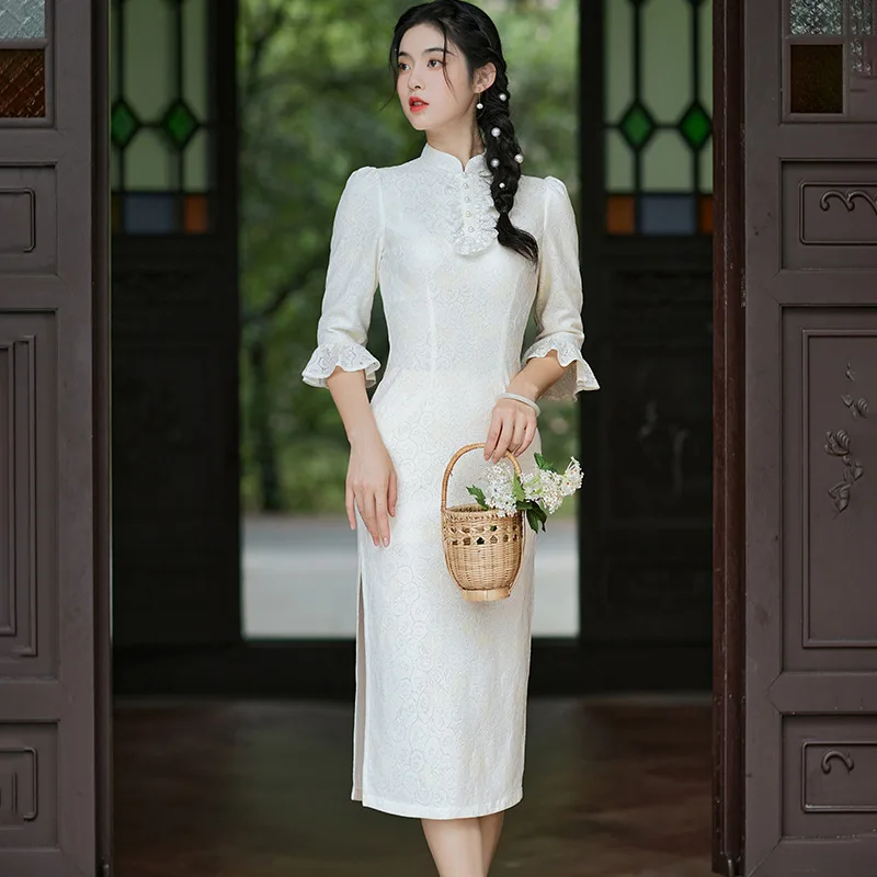 Lace Patchwork White Cheongsam Vintage Half Sleeve Chinese Traditional Dress Slim Female Women Long Qipao S To 3XL