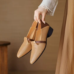 Hollowing Out Women Pumps Genuine Leather Shoes for Women Square Toe Low Heel Shoes Concise Basic Women Shoes ﻿2024 New Summer