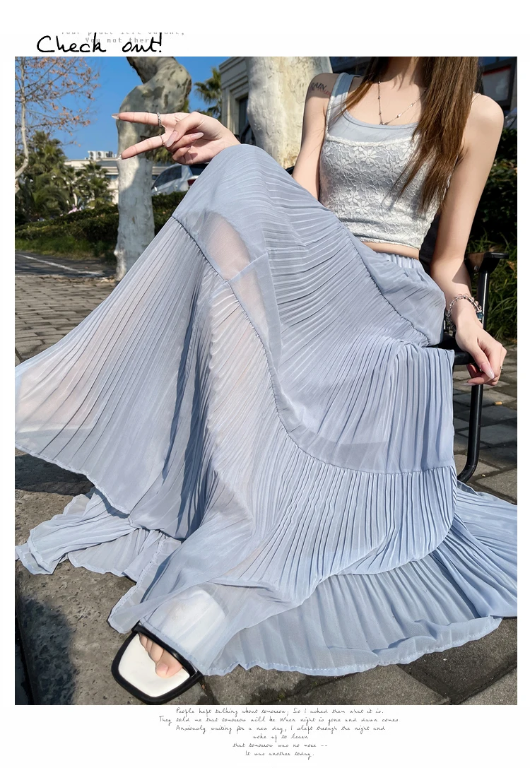 

Real time shooting of women's spring and summer new high waisted slimming A-line crotch covering and large pleated long skirt