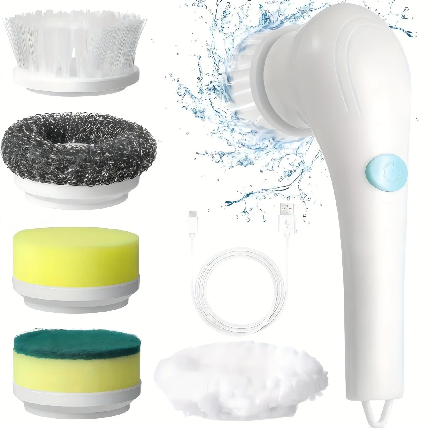 Rotating Cleaning Brush, Handheld Kitchen and Bathroom Scrubber with 5 Brush Heads, Multifunctional Cleaning Tool for Dishes, Po