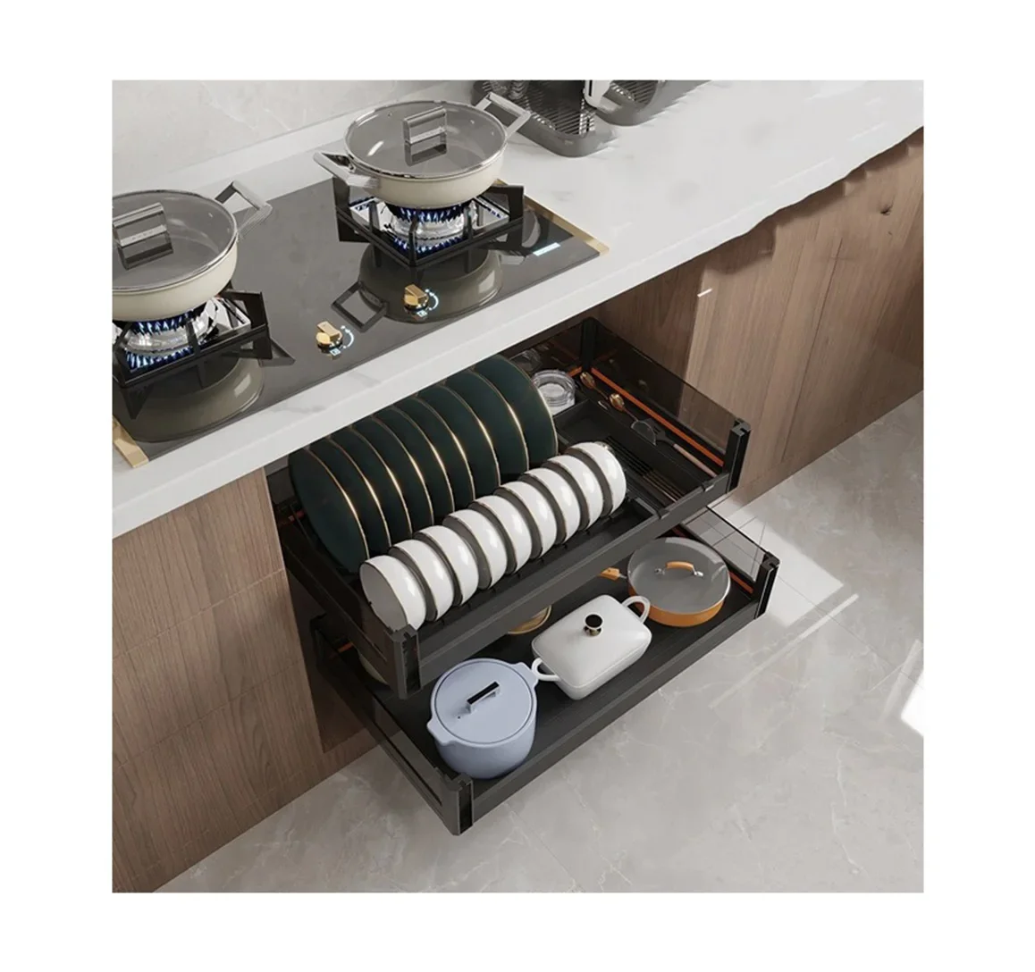 Modern Luxury Pull-Out Drawer Basket Aluminum Alloy Cutlery Organizer for Kitchen Cabinet Storage